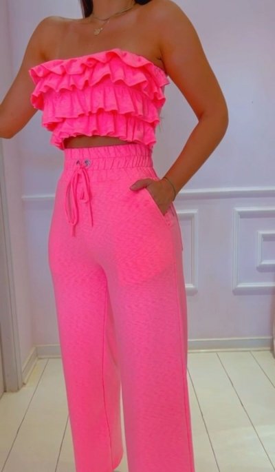 Conjunto Calça + Cropped Babados Rosa