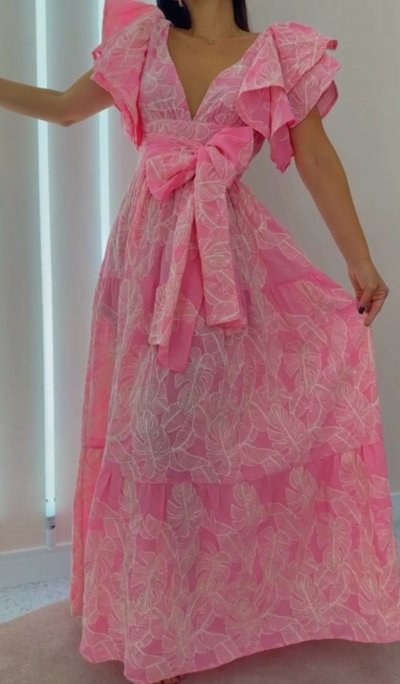 Vestido Longo Folhas Rosa